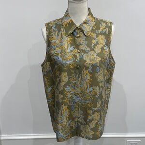 NWT Lafayette 148 Sleeveless Floral Button-Up Blouse in Olive, Gold & Light Blue